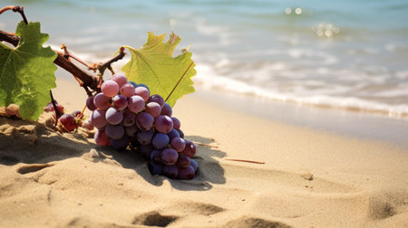 a bunch of grapes on the sand with water, showcasing a mediterranean-inspired scene. the solarizing master, verdadism, felinecore, cranberrycore, and happenings styles are evident in this photo, capturing the essence of nature. ai generatedの素材