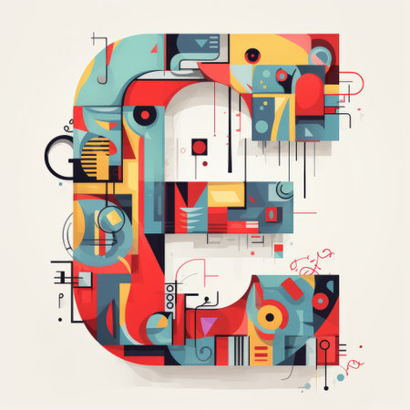 a vector illustration of a character design in graphic design, showcasing the style of cubist geometric fragmentation. the artwork, titled "letras y figuras," is captured using the sony fe 85mm f/1.4 gm lens, resulting in intensely detailed and colorful curves. the composition combines elements of industrial design with distinctive typography. ai generatedの素材