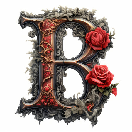 the letter b is beautifully adorned with roses and intricate details, creating a stunning piece of realistic fantasy artwork. the highly detailed figures and intricately textured design make the bold lettering stand out. the artwork features a mix of realistic hyper-detail and grotesque characters, inspired by the baroque style. ai generatedの素材