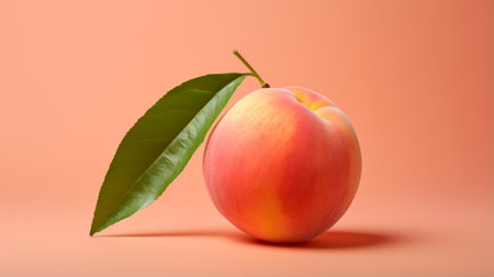 a peach sits on a peach background in this photo. the composition is in the style of photo-realistic artwork by kanzan shimomura, known for their accurate and detailed creations. the highly detailed foliage adds to the realism of the image. with selective focus, the single peach becomes the main focus of the photo. ai generatedの素材