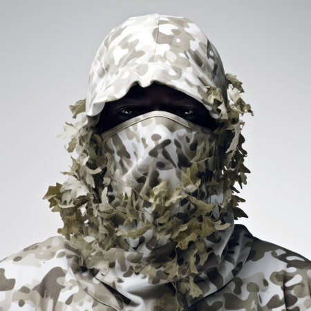 a man wearing an olive green shirt is captured in a photo, donning a camouflage mask inspired by nature. the monochromatic white figures and leaf patterns add a conceptual touch to the image. the detailed costume showcases the art of the ivory coast, resulting in a captivating photoillustration. ai generatedの素材