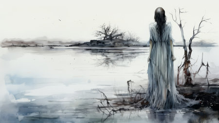 a girl in a white dress stands by a body of water, surrounded by desolate landscapes. the gothic illustration style adds an atmospheric touch with its grim realism and color washes in shades of gray and blue. this high-resolution image (3840x2160) captures the haunting beauty of the scene. ai generatedの素材