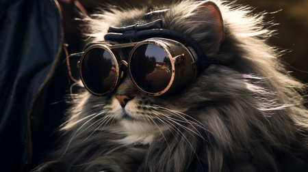 a cat wearing goggles, perfect for steampunk enthusiasts. this close-up photo captures the essence of the steampunk style with its machine age aesthetics. the lens flare adds a touch of drama to the image, while the digital art techniques enhance the dark silver and brown tones. reminiscent of dutch golden age paintings, this national geographic photo is a unique blend of creativity and feline charm.の素材