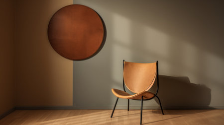 a leather chair and a big wooden door, reminiscent of georg jensen's style, adorn the wall. the chair features a light orange hue, while the door boasts a light bronze shade. circular shapes dominate the design, reflecting an industrial and product design aesthetic. the limited color range includes light indigo and brown, creating a visually captivating composition. this high-definition image captures the intricate details beautifully.の素材
