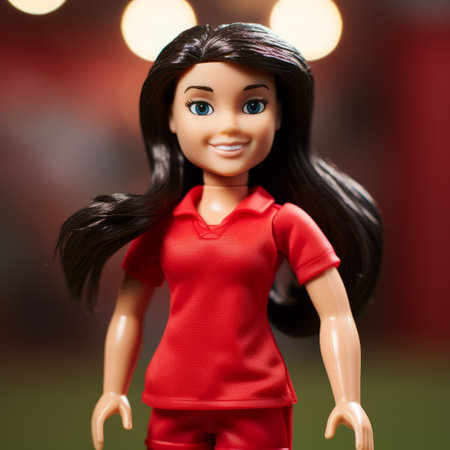 the photo features a character wearing a red jersey with black hair, adorned with the words "mia mua" in gold. the style of the image resembles disney animation and portrait miniatures, created using unreal engine 5. the character design is highly detailed, with toy-like proportions. the photo captures a schoolgirl lifestyle, with a color palette of light crimson and teal. ai generatedの素材