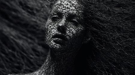 a black and white photo featuring a black woman adorned with wire, resembling hyperrealistic marine life. the composition is pointillist, creating a uhd image with a dark and brooding designer aesthetic. this net art-inspired photograph showcases selective focus and employs photo-realistic techniques. ai generatedの素材