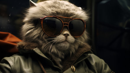 a cat wearing sunglasses, reminiscent of mike campau's style, poses for a movie still. this national geographic photo captures hyper-realistic details, showcasing the talent of bob eggleton. the cat's street fashion sense adds a trendy touch to the scene, reminiscent of the works of charles spencelayh. ai generatedの素材