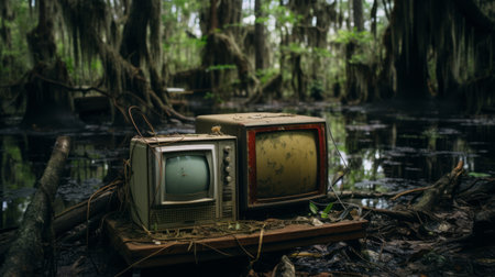 an old tv with a wood base is showcased on top of a muddy forest, resembling tangled nests. this national geographic-style photo captures elements of southern gothic and retrofuturism, evoking a somber mood. the image portrays a nostalgic rural life depiction, with a touch of recycled aesthetics. ai generatedの素材