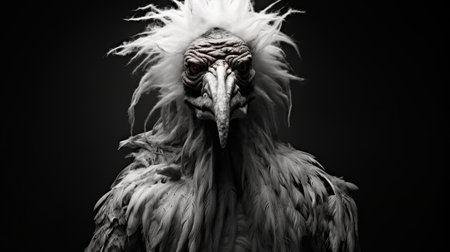 a white crow with long white hair and big bird wings is depicted in this intense chiaroscuro portrait. created in the style of zbrush, this post-apocalyptic character design showcases inventive and unique features, including spiky mounds. the close-up shot captures the intricate details of this animal depiction. ai generatedの素材