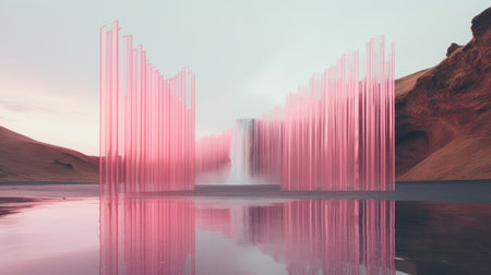 a pink tower stands in the water, surrounded by majestic mountains. inside the tower, a waterfall cascades down, creating a mesmerizing sight. this artwork, inspired by the styles of daan roosegaarde, vray tracing, gabriel dawe, and digitally manipulated by elsa bleda, showcases a conceptual installation. the soft atmospheric perspective adds to the ethereal beauty of the scene. ai generatedの素材