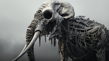 a high-quality photo of a majestic creature, a monster skull, rendered in the style of cinema4d. the art of skeletons wallpaper showcases the intricate details of the creature, with a close-up view revealing its decaying landscapes. captured with a canon eos 5d mark iv, the mist adds an ethereal touch to the overall composition. ai generatedの素材