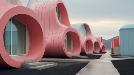 the photo showcases a whimsical design of buildings with curved windows in light red and light pink hues. the hyperrealistic rendering captures the colorful biomorphic forms and wavy resin sheets, creating a neo-concrete aesthetic. the realistic rendering brings out the intricate details of this unique architectural style. ai generatedの素材