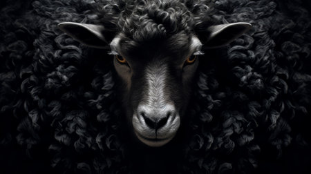 the sheep, with its dark brown hair, gazes directly at the camera. the image showcases a unique style characterized by darkly detailed, precisionist lines. the contrasting shades of dark black and light black add depth to the composition. this visually captivating photograph, captured with a high-resolution 20-megapixel camera, embodies elements of quantumpunk and furaffinity aesthetics, creating a distinct kimoicore vibe. ai generatedの素材