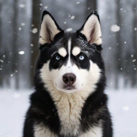 a white and black husky dog sits in the snow, showcasing exaggerated facial features. the image is captured in a dark sky-blue and light maroon color scheme, with wet-on-wet blending techniques. this 32k uhd photo has an aurorapunk vibe, featuring silver and black tones. the overall effect is cute and dreamy. ai generatedの素材