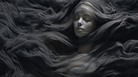 a person with black hair is lying on top of a white cloth, showcasing an ethereal fantasy style. the portrait, created using zbrush, features detailed and hyper-realistic elements. the color palette includes dark gray and light gold, complemented by flowing textures and draperies. ai generatedの素材