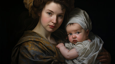 a woman cradles a baby in this hyper-detailed painting, combining elements of sci-fi baroque and realistic portraiture. inspired by the works of joseph karl stieler and luke fildes, the artist uses a dark gray and light amber color palette. the painting is digitally enhanced to further enhance its intricate details. ai generatedの素材