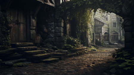 an old cobblestone street, overgrown by trees, is depicted in this stunning matte painting. the cabincore style and 32k uhd resolution bring out the delicate rendering of the medieval-inspired landscape. the image showcases a strong contrast between light and dark, creating a captivating visual experience. ai generatedの素材