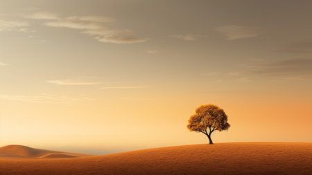 a single tree stands alone on a vibrant green desert landscape at sunset in this high-quality stock photo. the image showcases a minimalist monochrome style with shades of orange and amber, creating a fantasy-like atmosphere. captured in 8k resolution, the photo exhibits a stunning depth of field, highlighting the beige and amber tones throughout the scene. ai generatedの素材