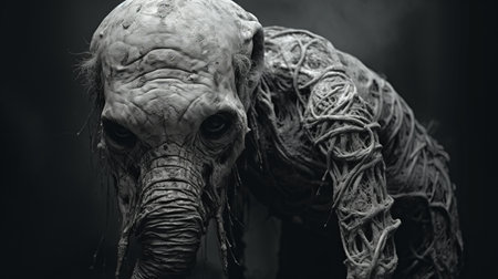 a face covered in vines and tangled with twigs, resembling otherworldly creatures, is depicted in this image. the intricate details and hard surface modeling bring out the majestic essence, reminiscent of anton semenov's style. the close-up shot captures the gritty urban landscapes, while the intel core technology ensures a seamless viewing experience. ai generatedの素材