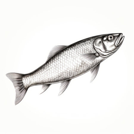 a digital illustration of a fish, created in the style of dark silver and white, reminiscent of artists such as ivanovich pimenov, johannes jan schoonhoven, and bartolome esteban murillo. this captivating illustration showcases natural symbolism and is set against a clean white background. ai generatedの素材