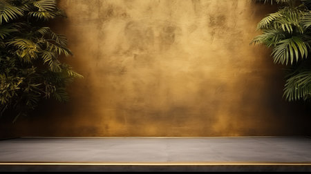 a golden backdrop adorned with lush green leaves creates a stunning stage setting. the polished concrete style adds a touch of modernity to the minimalist background. inspired by the works of guido borelli da caluso, this still life captures the essence of simplicity. shot in 32k uhd using the sony alpha a1, this image beautifully combines elements of balinese art and contemporary aesthetics. ai generatedの素材