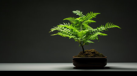 a small bonsai tree sits on a dark table, showcasing environmentally inspired aesthetics. the combination of dark gray and green colors creates a visually appealing contrast. the composition draws inspiration from reefwave and farm security administration aesthetics, incorporating innovating techniques. softbox lighting enhances the overall ambiance, while automatism adds a touch of artistic spontaneity. ai generatedの素材