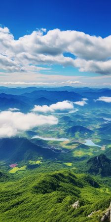 aerial photograph showcasing a breathtaking mountain scene with a vibrant green lake and surrounding mountains. this japanese-style landscape captures the essence of the southern countryside, complemented by atmospheric clouds and a sky-blue backdrop. the high-quality image beautifully portrays the traditional vietnamese charm. ai generatedの素材