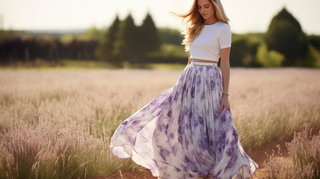 woman in lavender dress, styled like brushstroke fields, showcases unexpected fabric combinations. the dark white and light purple hues exude a romantic charm, while the light white and light navy accents add a touch of pastoral allure. ai generatedの素材