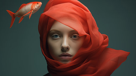 a girl wearing a red scarf stands out in the foreground, while a man with a goldfish can be seen in the background. this photo, created in the style of zbrush with minimal retouching, showcases the influence of the dusseldorf school of photography. the image features arabesque elements, photo-realistic techniques, layered colors, and a vibrant palette of contrasting colors. ai generatedの素材