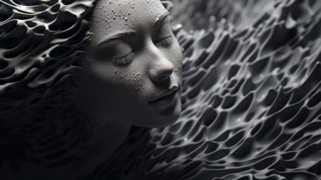 a woman's head is depicted with a captivating blend of black and white shapes, resembling intricate underwater worlds. the image showcases layered and textured surfaces, glazed and metallic finishes, as well as elements inspired by machine aesthetics. the shallow depth of field adds depth and intrigue to the composition. ai generatedの素材