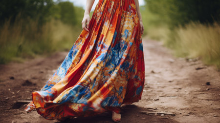 a group of women gracefully walking on a dirt road, dressed in vibrant orange long gowns adorned with hand-painted floral patterns in dark red and light blue. the selective focus captures the intricate details of the gowns, showcasing their stylish and colorful vibrations. the delicate chromatics add an extra touch of elegance to the scene. ai generatedの素材