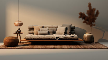 an artistic living room captured in a 3d render, showcasing a minimalist design with subtle, earthy tones. the room features minimalist textiles, wooden elements, and a monochromatic color palette. inspired by the works of artist sopheap pich, this space exudes simplicity and elegance, with an earth tone color palette and minimalistic details. ai generatedの素材