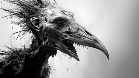 a close-up photo of an insect with a large beak, featuring a gothic dark and moody aesthetic. the insect's big head is captured in intense detail against a backdrop of decaying landscapes. the photo is characterized by a contrast of dark and white tones, reminiscent of the works of cryengine, alain laboile, and eve ventrue. ai generatedの素材