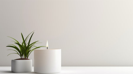 two white pillar candles sit elegantly on a smooth surface, framed by a minimalist background featuring a vibrant plant. this visually stunning photo captures the essence of minimalist design, with its clean lines and serene white backdrop. the use of vray tracing adds a touch of sophistication, while the large-scale composition enhances the overall impact. perfect for minimalist enthusiasts and those seeking minimalist backgrounds. aiの素材