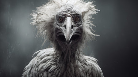 a big crow with a hairy body is depicted in this photo, rendered in the style of cinema4d. the inventive character designs by mikko lagerstedt and george lucas are evident in the creased, crinkled, and wrinkled details of the crow. the mystical portraits of dino valls add an intriguing element to this unique artwork. ai generatedの素材