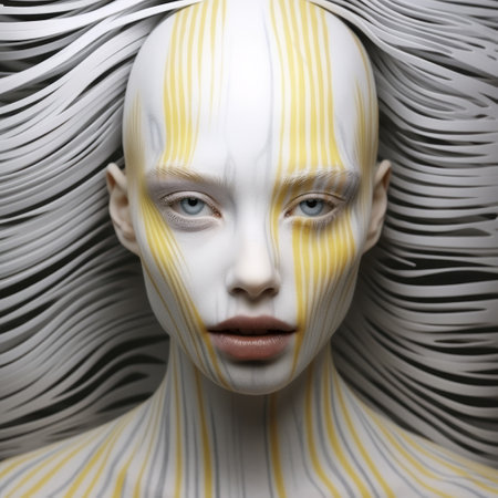a young woman is depicted in a hyper-realistic sci-fi style, adorned with wavy yellow and gold stripes. the image showcases a combination of light white and light gray tones, with highly detailed figures that exude functional aesthetics. meticulous attention to detail and a depth of field technique bring the lifelike figures to life. ai generatedの素材
