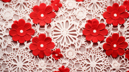 red tissue paper pattern on a white background, resembling intricate floral arrangements. the design, inspired by petrina hicks, features meticulous cut-outs and dynamic color combinations. this recycled material mural draws inspiration from the meticulous detail found in the works of ricardo bofill. ai generatedの素材