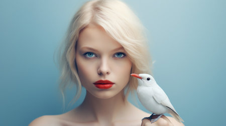a woman gracefully holds a white bird in her hands, showcasing a fashion model in a stunning black dress. the image captures the essence of soft-focused realism, with intricate facial features and realistic animal portraits. created by the talented artist patty maher, the artwork boasts a saturated color palette, blending light turquoise and red hues. this captivating piece showcases the artist's skillful use of zbrush.の素材
