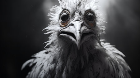 a large black bird with white feathers is depicted in this emotionally charged portrait, rendered in the style of unreal engine. the artwork, created by aleksi briclot, showcases quirky character designs and explores texture in a junglepunk setting. the macro zoom allows for a detailed view of the bird's intricate features. ai generatedの素材