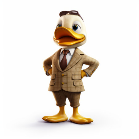 a duck dressed in a suit, standing on top of grass, showcases detailed character design in this maya-rendered image. the duck, with its light brown and white feathers, exudes a strong facial expression. the disney animation style and classicist approach make this iconic american character truly stand out. ai generatedの素材