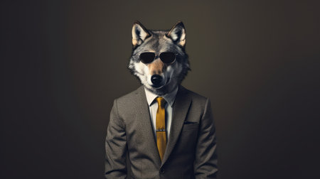 a wolf, in a suit and tie, stands as the subject of this photo. the image showcases a blend of realistic surrealism and retro filters, capturing the wolf in a candid shot reminiscent of famous figures. the color palette features dark bronze and yellow tones, adding to the overall aesthetic. this pop culture mashup combines elements of realist portraits with a touch of witty expressionism.の素材