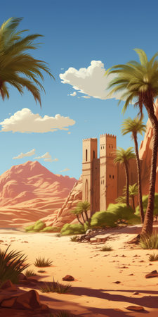 a desert landscape featuring tall buildings and palm trees, reminiscent of a medieval fantasy setting. the charming character illustrations by chad knight add a unique touch to this high-resolution image. the scene is enhanced by the romanesque architectural style, with a religious building nestled amidst the mountainous vistas. ai generatedの素材