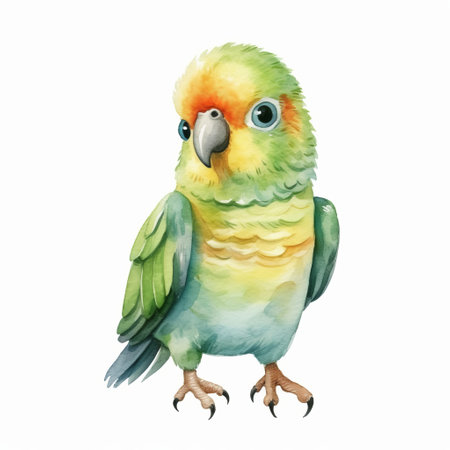 a watercolor green parrot is depicted in this isolated stock photo. the parrot is portrayed in a playful character design, with light orange and dark aquamarine colors. the illustration has a childlike and unique style, resembling one-of-a-kind pieces. the use of light orange and light gold adds a vibrant touch to the artwork, making it suitable for children's book illustrations. ai generatedの素材