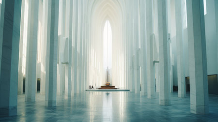 the entryway to a large cathedral showcases futuristic landscapes with columns and white paint. the danish design incorporates soft atmospheric perspective, while spiritual figures and god rays add a touch of spirituality. the flattened perspective enhances the overall aesthetic, creating a light-focused and captivating atmosphere. ai generatedの素材