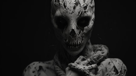 an intricate skull adorned with a tooth fairy figurine hanging from its arms. this darktable processed photo showcases a unique blend of elements including vines, photo-realistic compositions, cobra, gritty reportage, and a captivating close-up perspective. the result is a visually stunning and thought-provoking image that can be explored in detail on sketchfab. ai generatedの素材