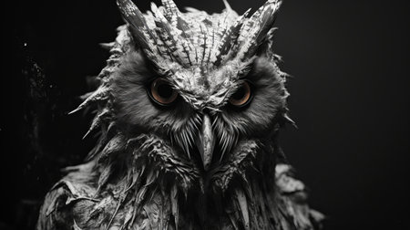 a young owl is captured in a black and white photo, showcasing its intricate details. the hyper-realistic sci-fi style adds a unique touch to the image, reminiscent of epic fantasy scenes. this close-up shot, reminiscent of national geographic photos, highlights the owl's burned and charred appearance, creating a twisted and captivating character. ai generatedの素材