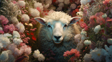 a close-up photograph by iwan ryan featuring a mound of flowers with sheep, showcasing the artist's digital manipulation skills. the composition is cinematic, with a luminous color palette that adds depth to the image. the use of quadratura technique and photorealistic pastiche creates a captivating and detailed close-up view. ai generatedの素材