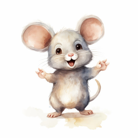 a watercolored mouse with big white eyes and big green hands is depicted in this charming illustration. the mouse, inspired by the style of realistic portrait painter adrianus eversen, holds up a towel with lively action poses. the illustration captures the childlike innocence and charm of the character, with lively movement portrayal. ai generatedの素材