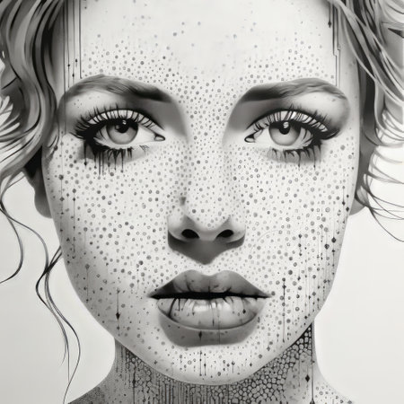 a portrait drawing of a woman with white dots on her face, showcasing a realistic hyper-detailed style. the portrait is made of liquid metal, featuring intricate black and white illustrations. the woman's captivating gaze and blink-and-you-miss-it detail add to the overall allure of this piece. it exudes detailed perfection and draws inspiration from comic art. ai generatedの素材