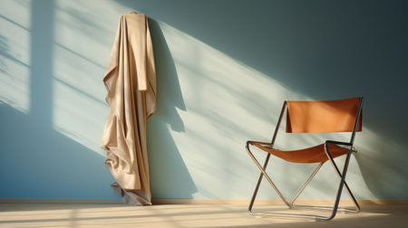 a chair next to a window in the room, featuring vray tracing, showcases a combination of light sky-blue and dark beige colors. the chair appears slumped and draped, with a leather hide. this uhd image captures a depiction of everyday life, with an elegant touch in the clothing. ai generatedの素材